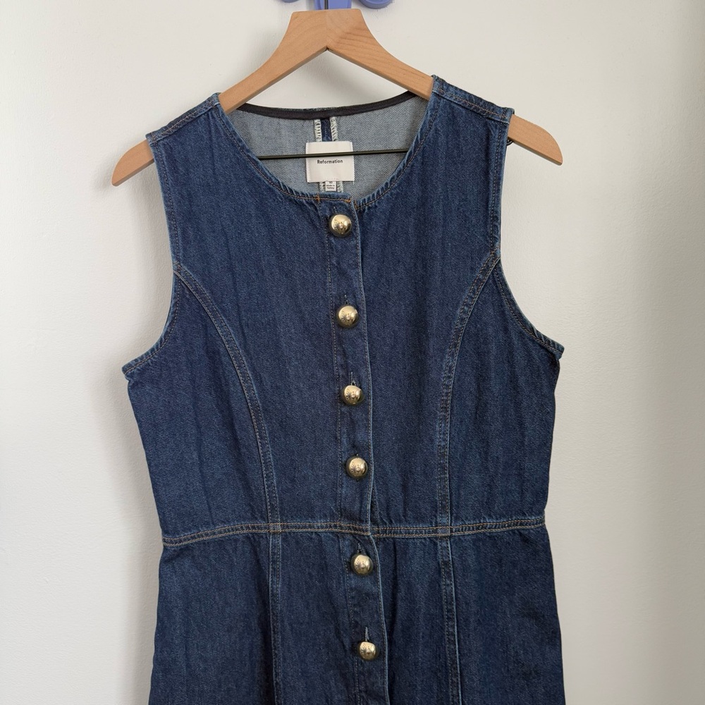 Reformation 10 Roswell Denim Midi Dress Organic Cotton Fitted Business Casual - Picture 3 of 10